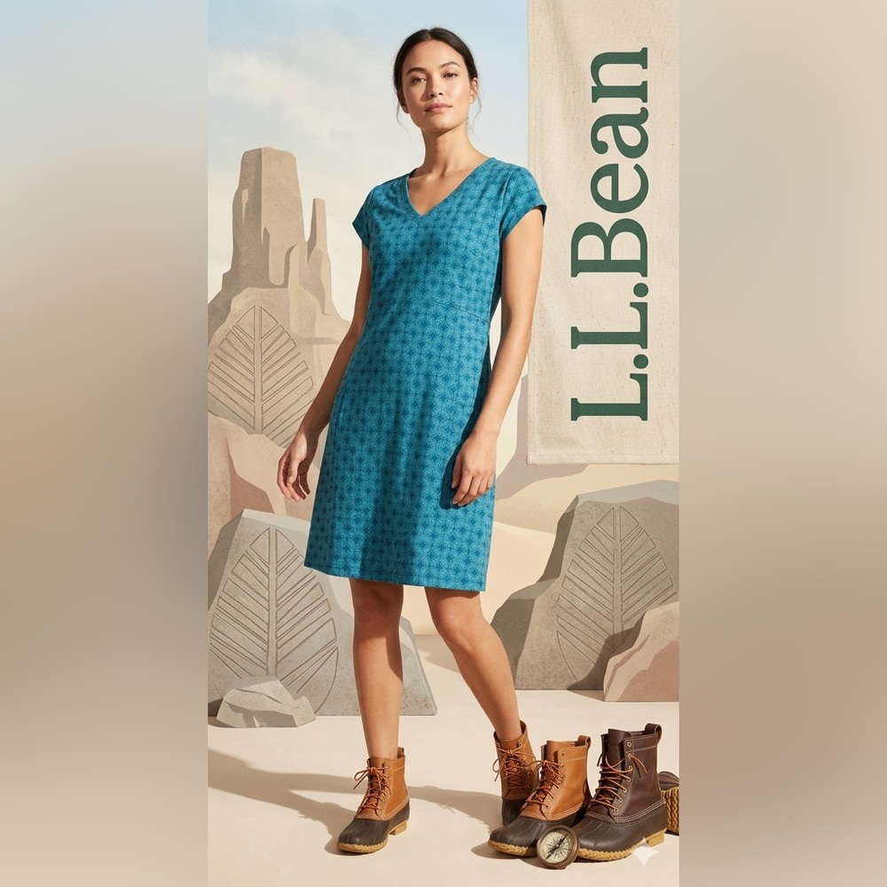 L.L. Bean Blue Geometric Print Performance V-Neck Dress w/pocket- Size M Regular
